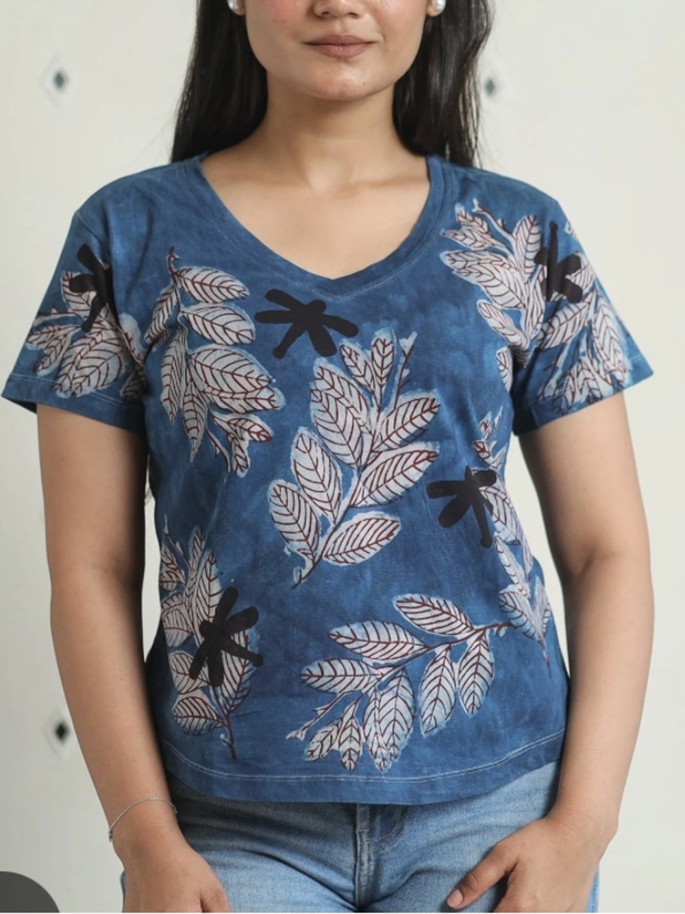 Bindaas Unlimited Shirt Women’s Size Medium Dragonfly Leaf Block Print Blue Top - Picture 2 of 8